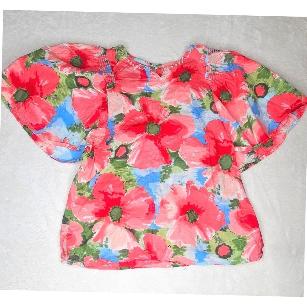 Gymboree Floral Top Size 7 Red Poppy Sequin Angel Sleeve Cotton Blouse